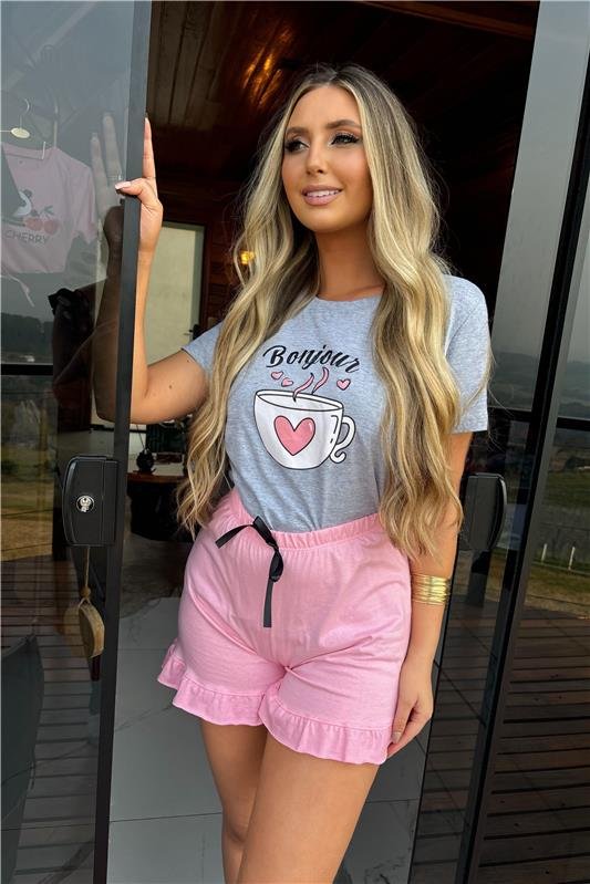 PIJAMA MALHA PV COM ALGODÃO PREMIUM - CINZA ESTAMPA CANECA