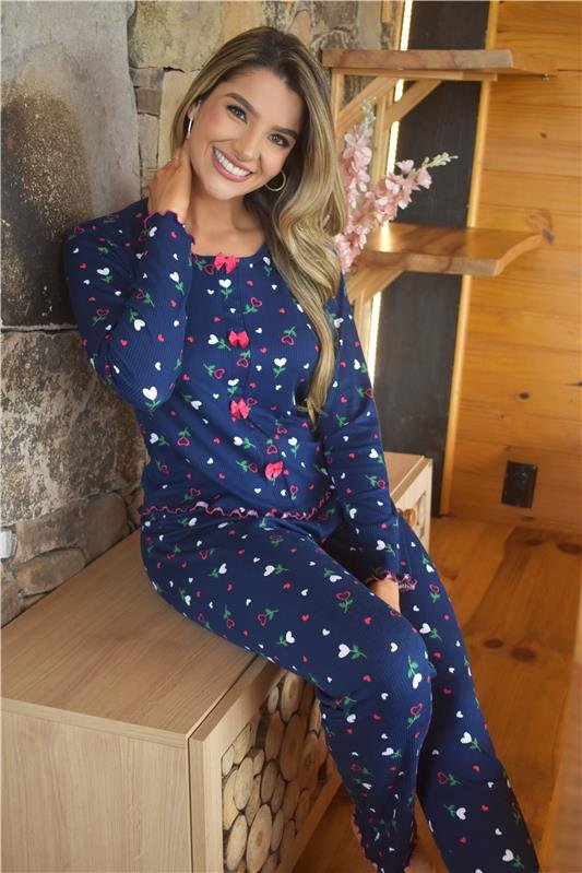 PIJAMA MALHA CANELADA AZUL MARINHO *PREMUIM*