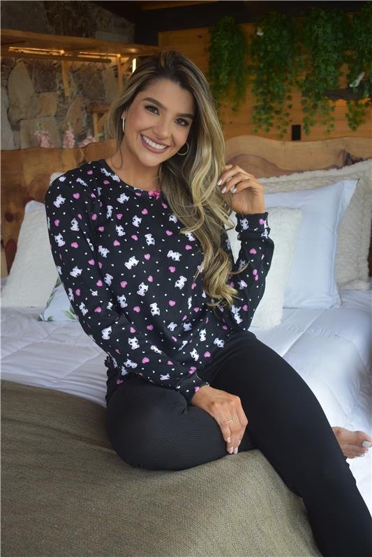 PIJAMA MALHA CANELADA PRETO *PREMUIM*